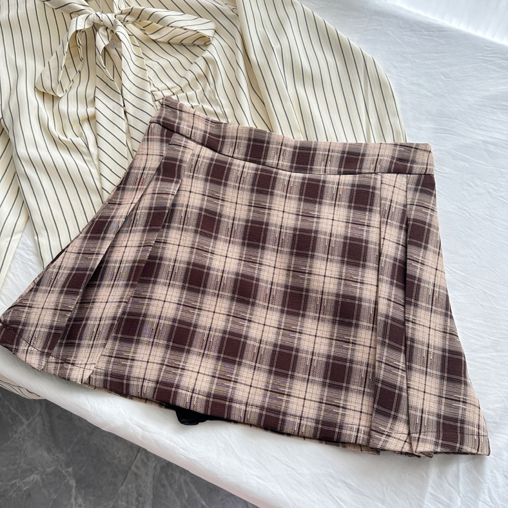 Long sleeve plaid shirt stripe bandage short skirt 2pcs set