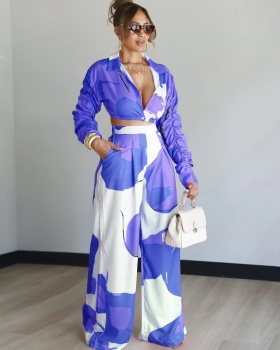 Printing V-neck sexy fashion wide leg pants a set for women