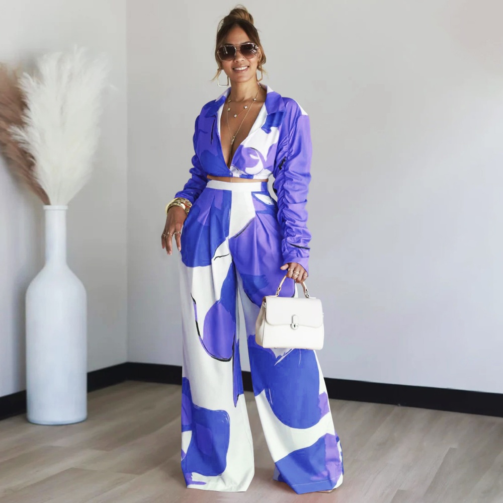 Printing V-neck sexy fashion wide leg pants a set for women