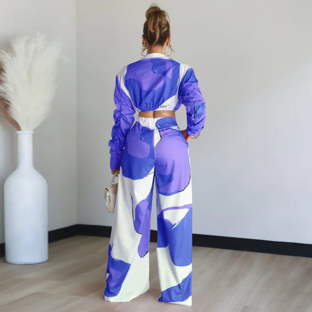 Printing V-neck sexy fashion wide leg pants a set for women