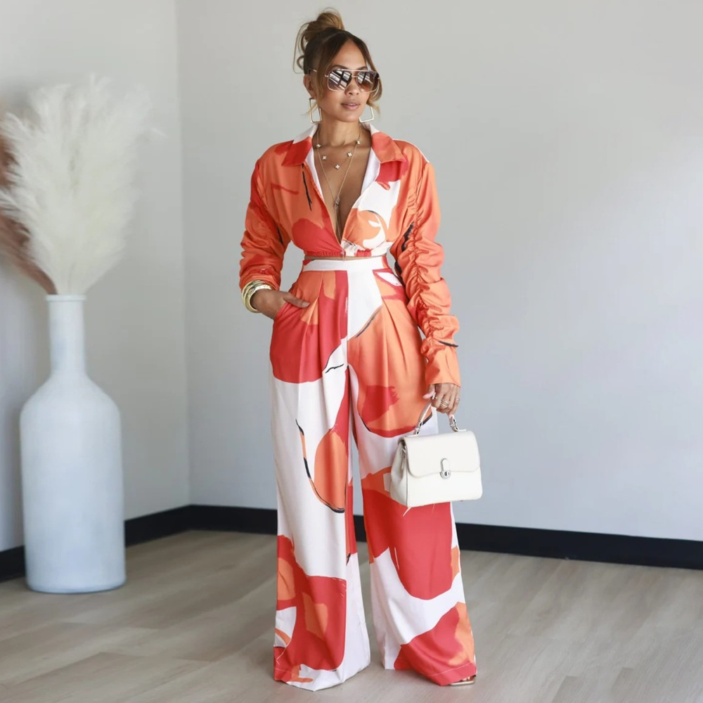 Printing V-neck sexy fashion wide leg pants a set for women