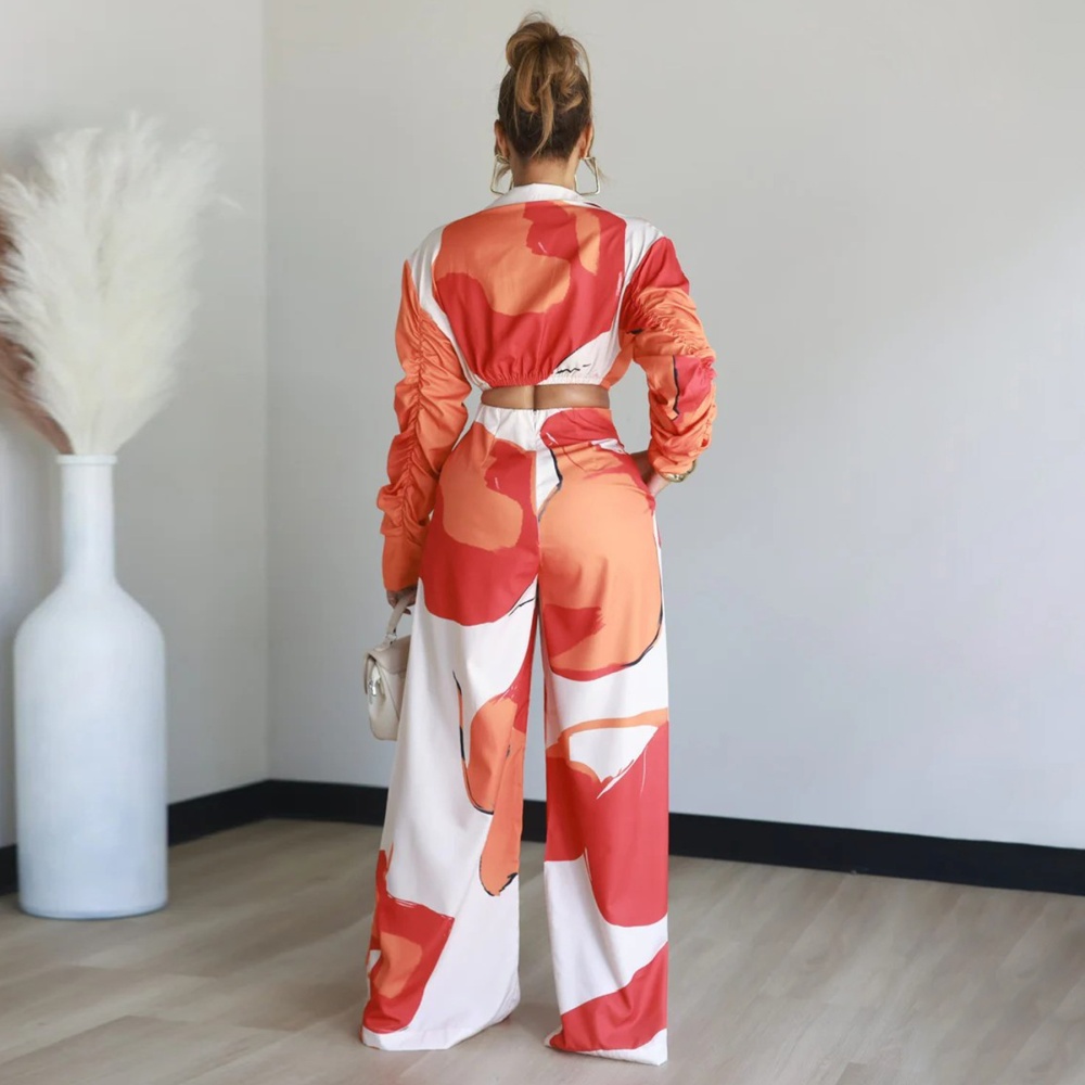 Printing V-neck sexy fashion wide leg pants a set for women