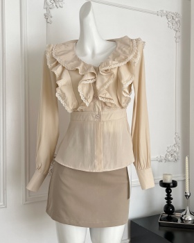 Short France style shirt pinched waist tops for women