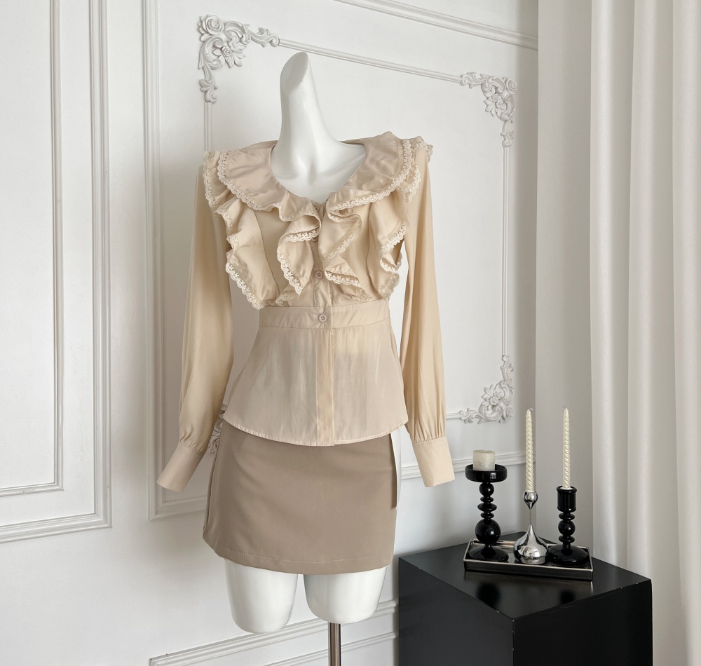 Short France style shirt pinched waist tops for women