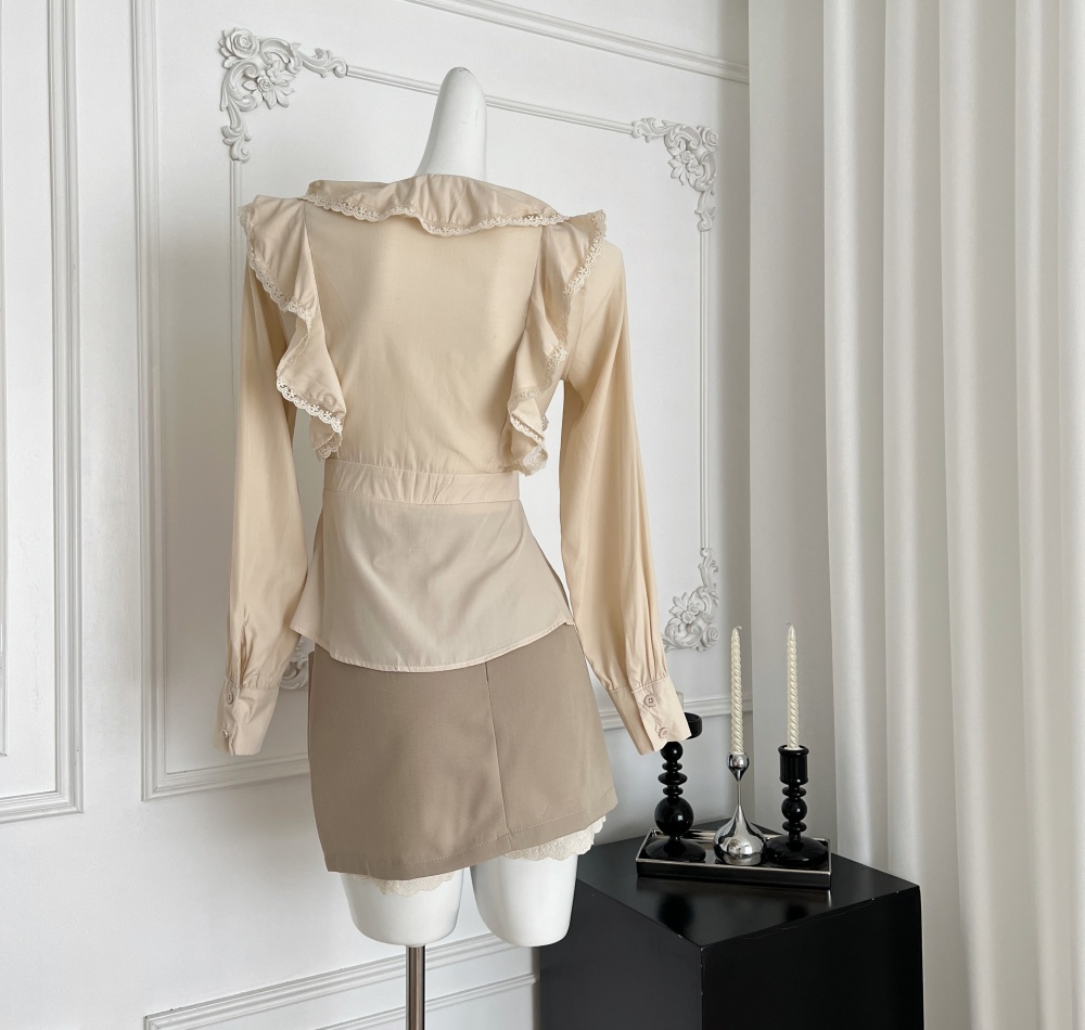 Short France style shirt pinched waist tops for women