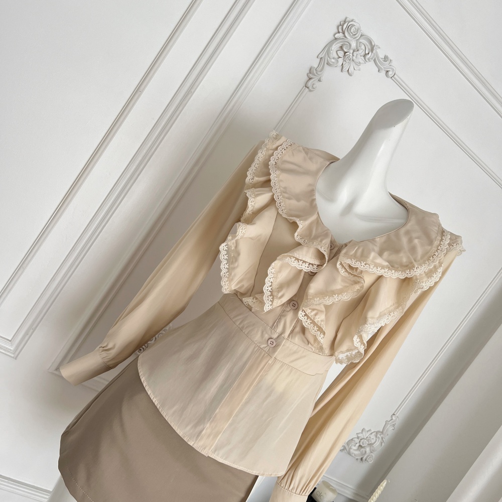 Short France style shirt pinched waist tops for women