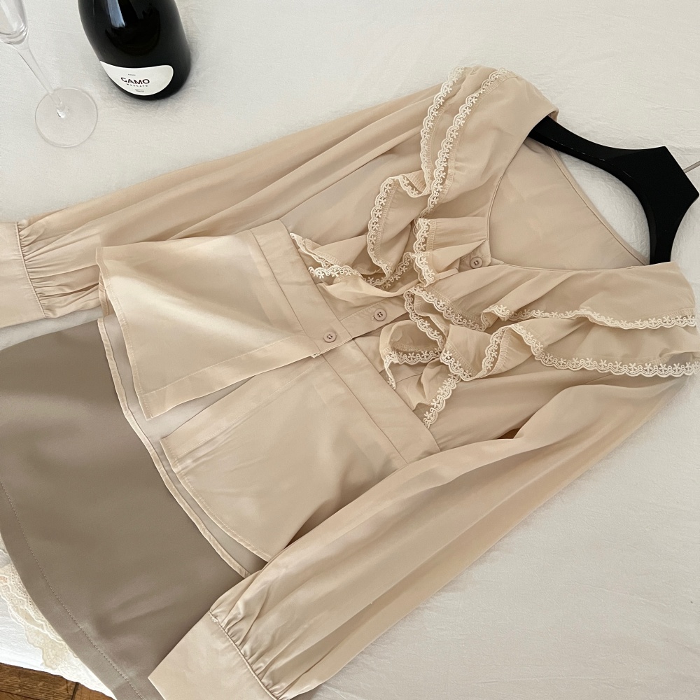 Short France style shirt pinched waist tops for women