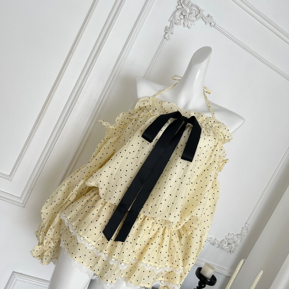 Polka dot big bow elegant skirt summer flat shoulder tops a set