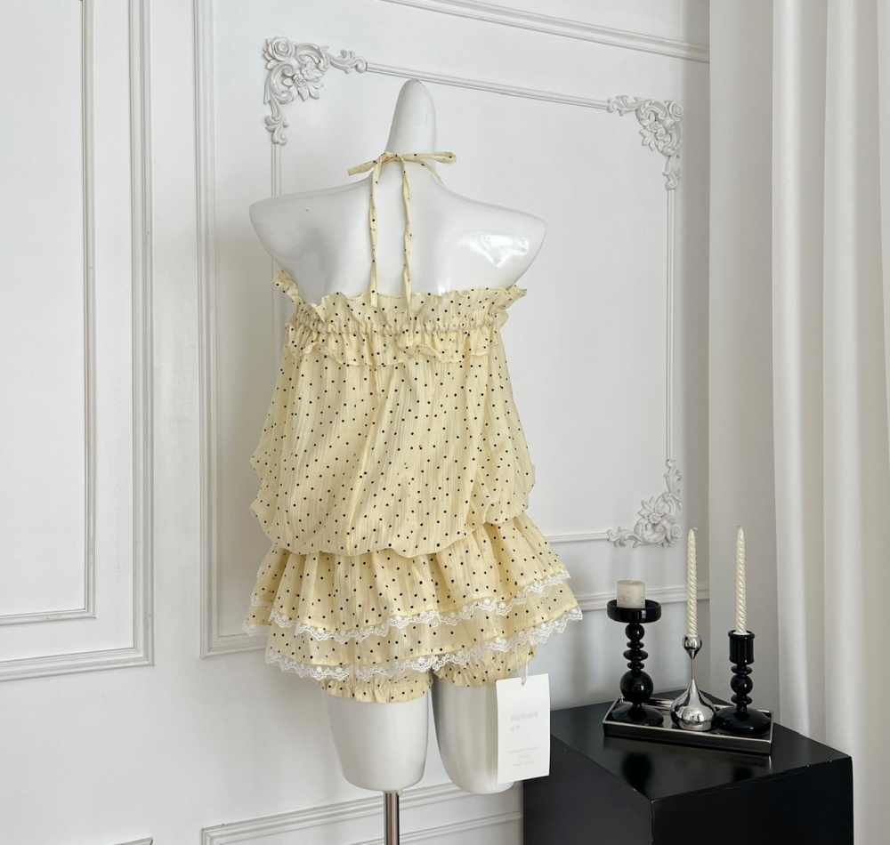 Polka dot big bow elegant skirt summer flat shoulder tops a set