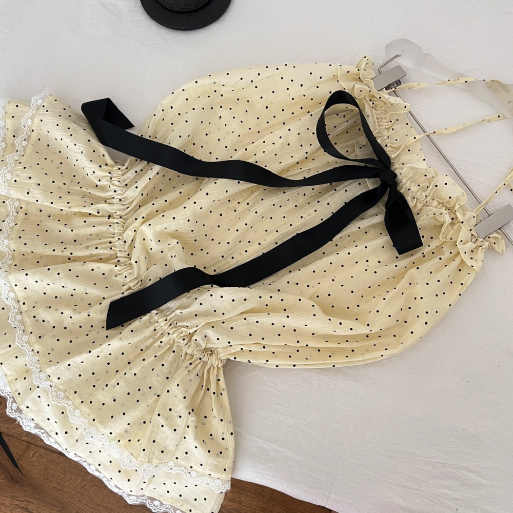 Polka dot big bow elegant skirt summer flat shoulder tops a set
