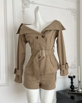 Large lapel retro coat short double row windbreaker a set