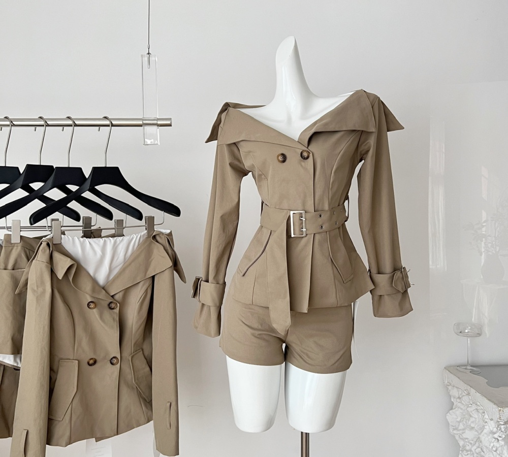 Large lapel retro coat short double row windbreaker a set