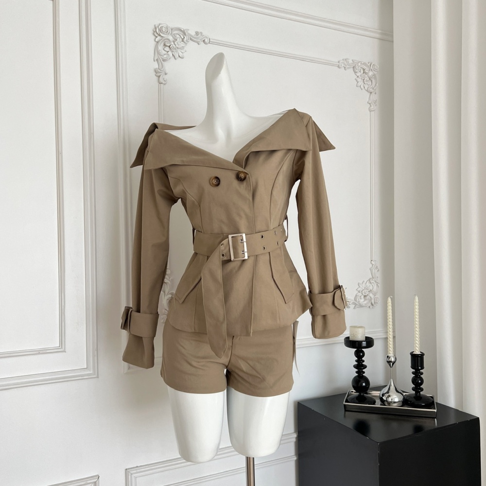 Large lapel retro coat short double row windbreaker a set