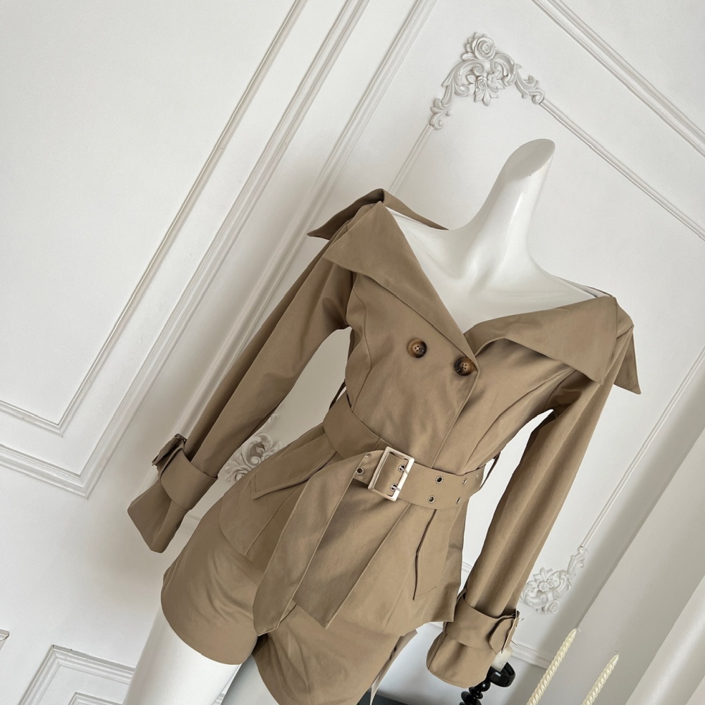 Large lapel retro coat short double row windbreaker a set