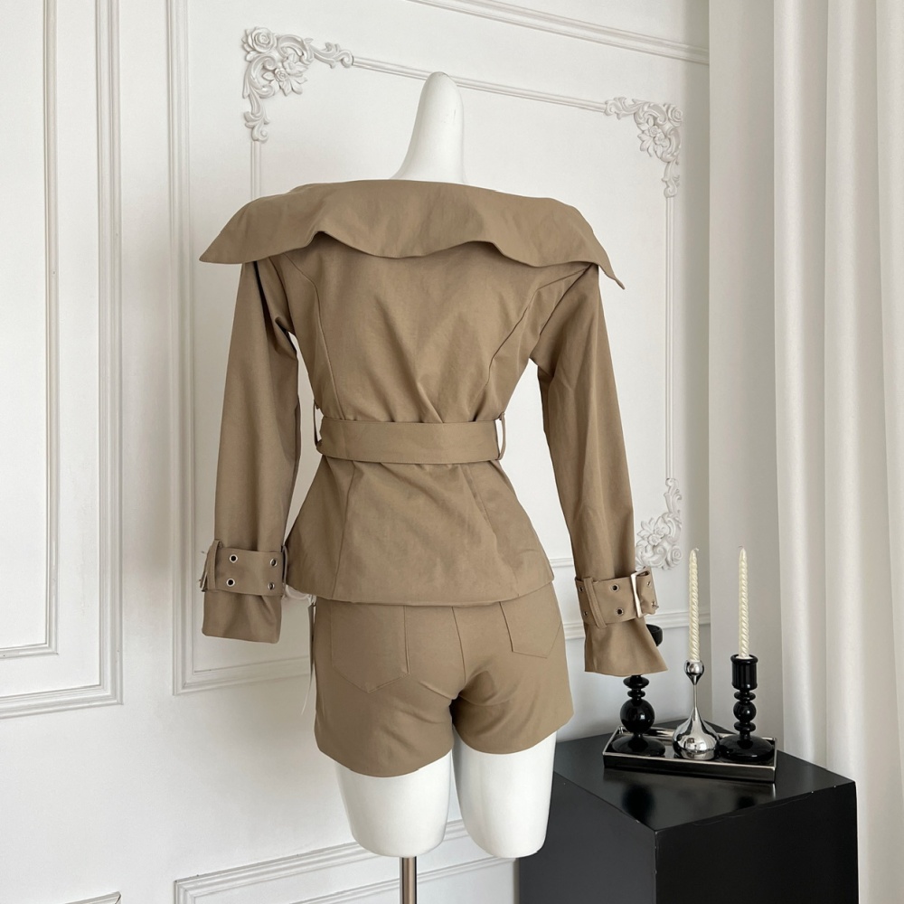 Large lapel retro coat short double row windbreaker a set