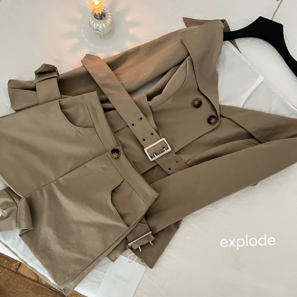 Large lapel retro coat short double row windbreaker a set