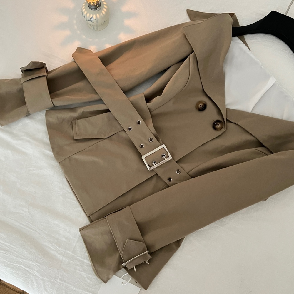 Large lapel retro coat short double row windbreaker a set