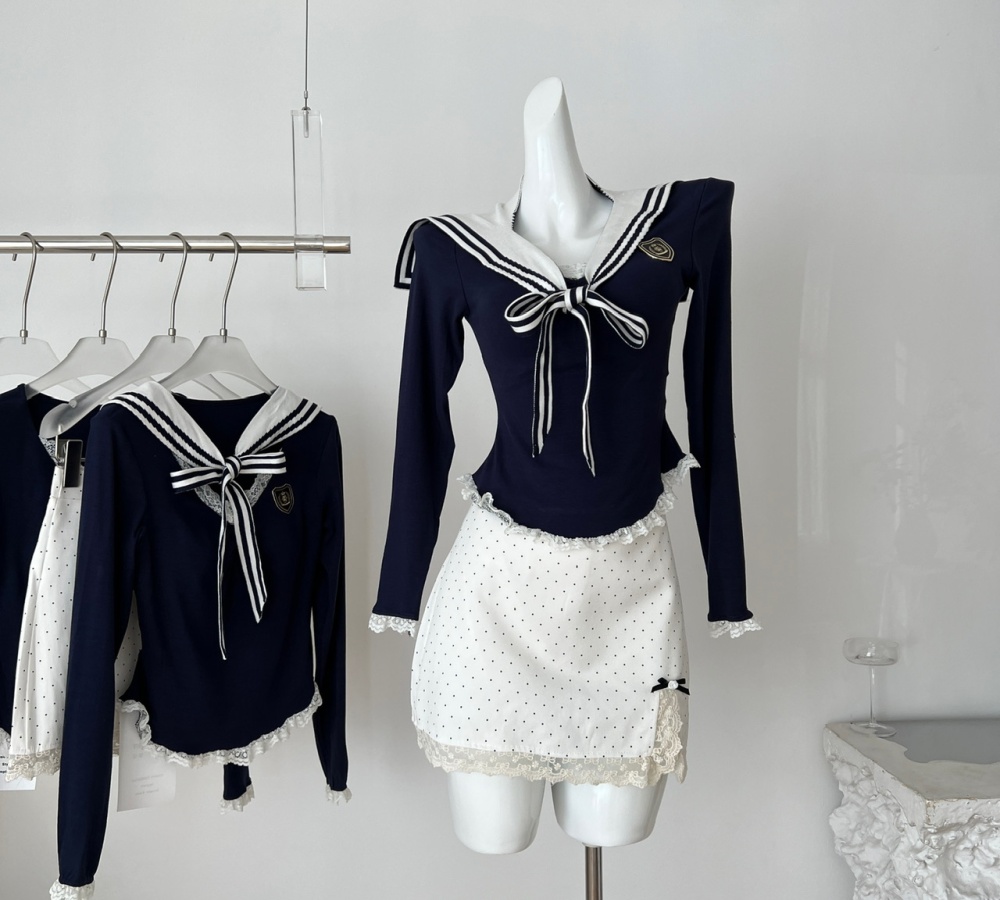 College autumn short skirt sweet slim tops a set