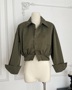 Pinched waist olive-green tops autumn jacket for women