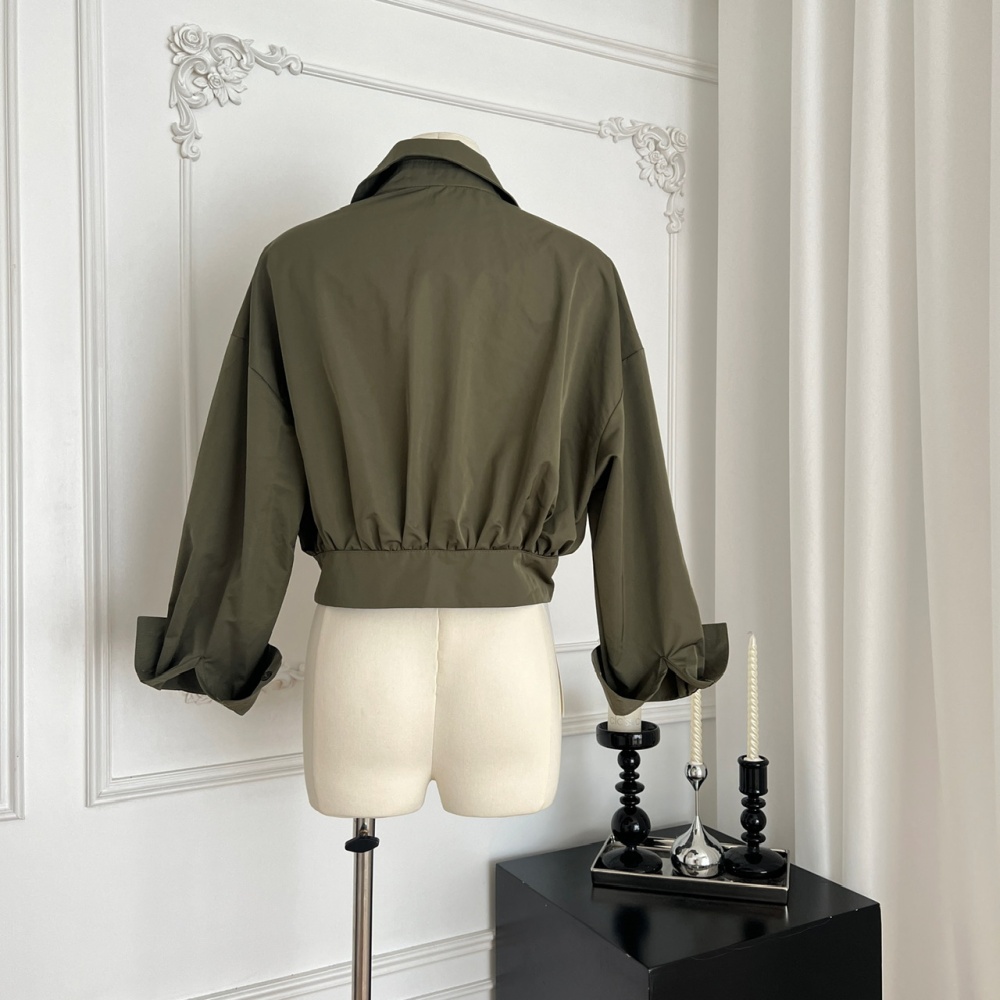Pinched waist olive-green tops autumn jacket for women