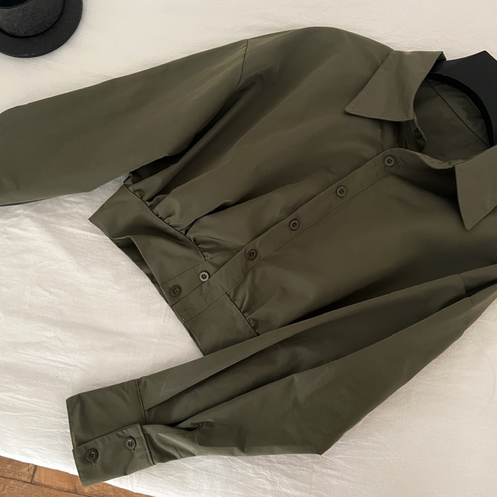 Pinched waist olive-green tops autumn jacket for women