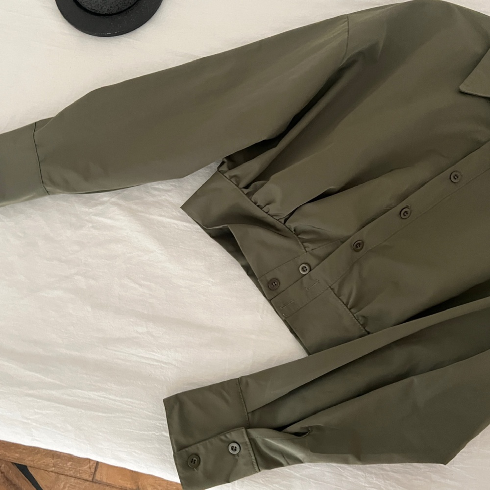 Pinched waist olive-green tops autumn jacket for women