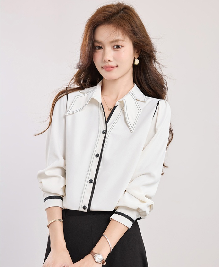 V-neck France style slim shirt Casual white tops