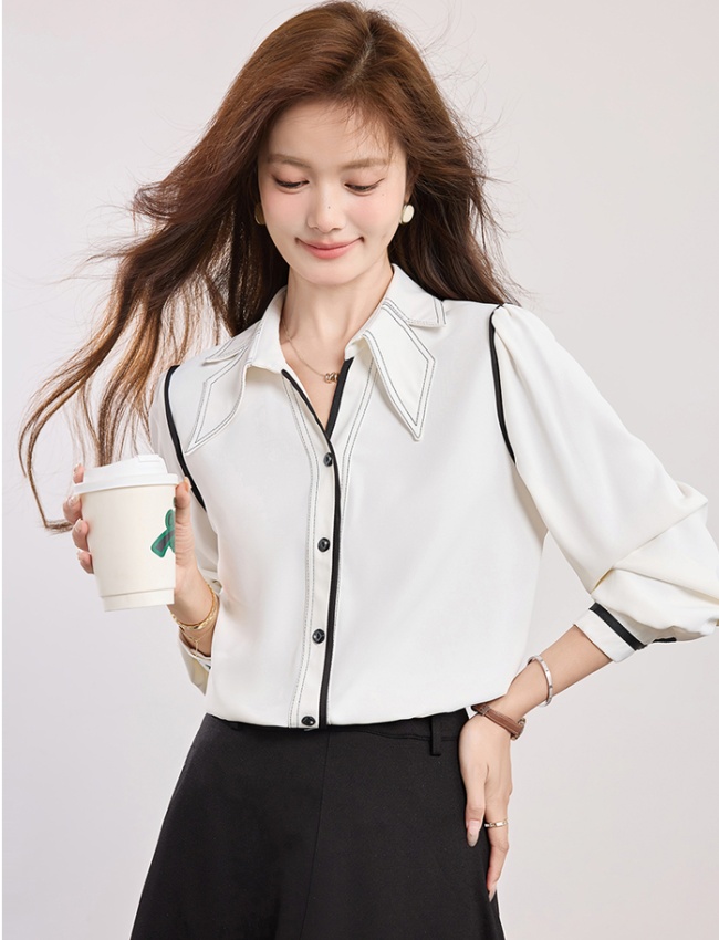 V-neck France style slim shirt Casual white tops