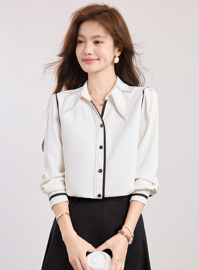 V-neck France style slim shirt Casual white tops