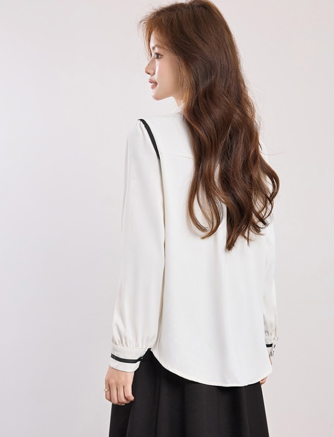 V-neck France style slim shirt Casual white tops
