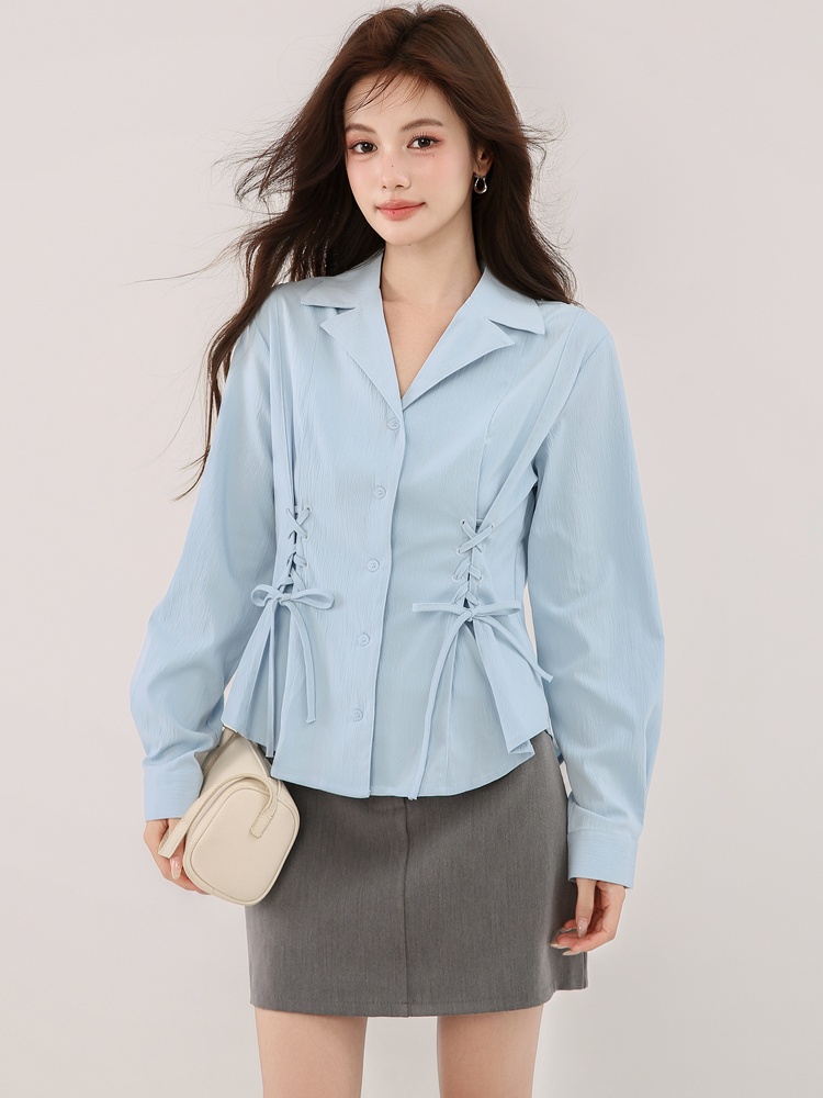 Blue frenum slim shirt long sleeve temperament tops for women