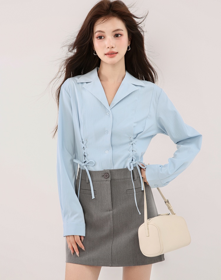 Blue frenum slim shirt long sleeve temperament tops for women