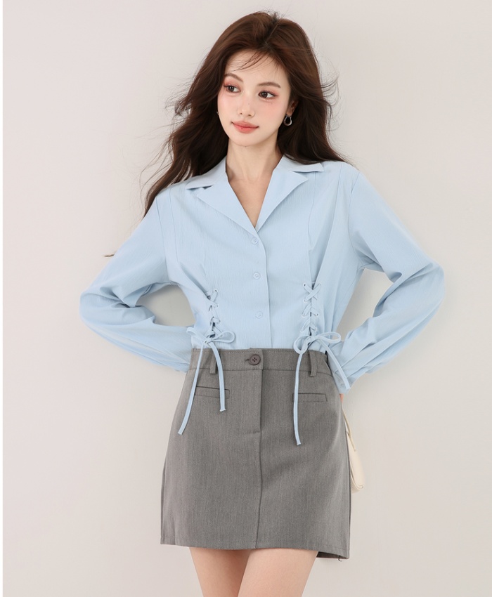 Blue frenum slim shirt long sleeve temperament tops for women