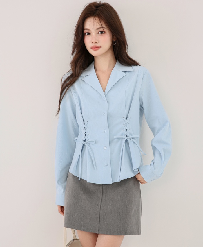 Blue frenum slim shirt long sleeve temperament tops for women