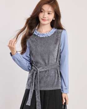 Pseudo-two autumn tops niche pinched waist shirt