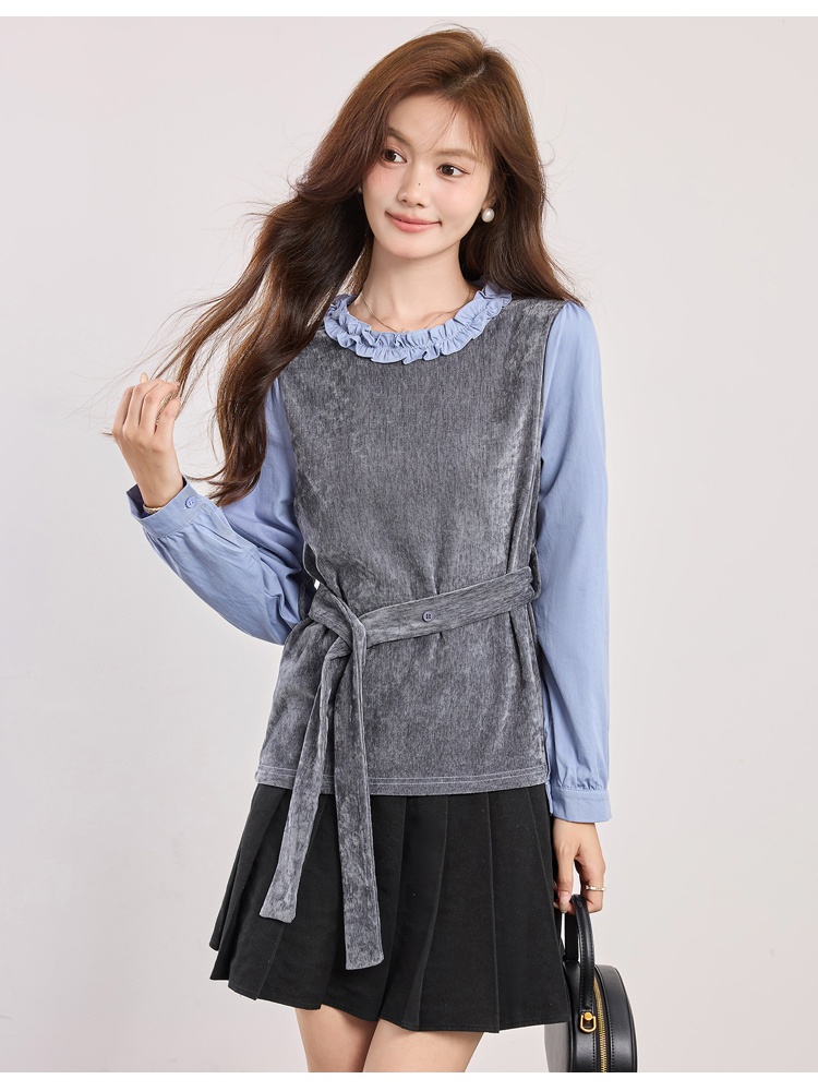Pseudo-two autumn tops niche pinched waist shirt