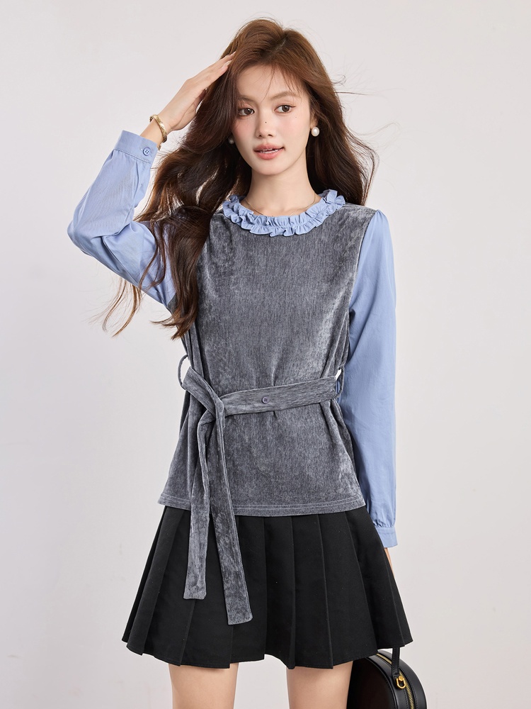 Pseudo-two autumn tops niche pinched waist shirt