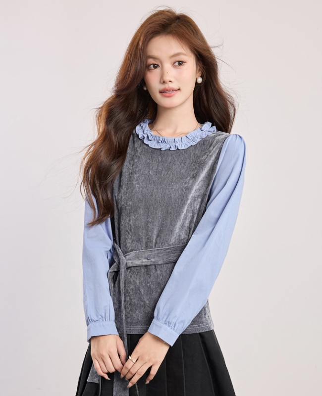 Pseudo-two autumn tops niche pinched waist shirt