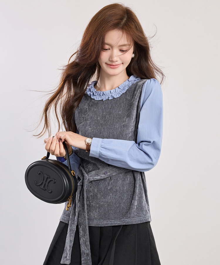 Pseudo-two autumn tops niche pinched waist shirt