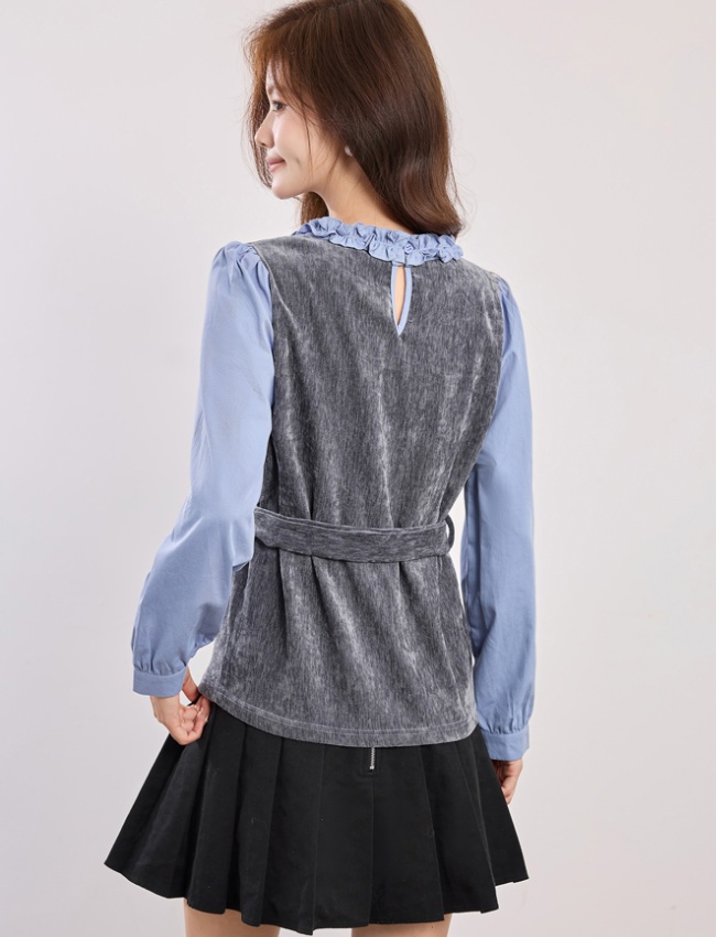Pseudo-two autumn tops niche pinched waist shirt