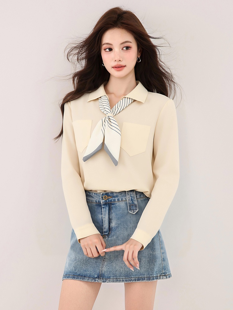 Autumn apricot tops long sleeve V-neck shirt