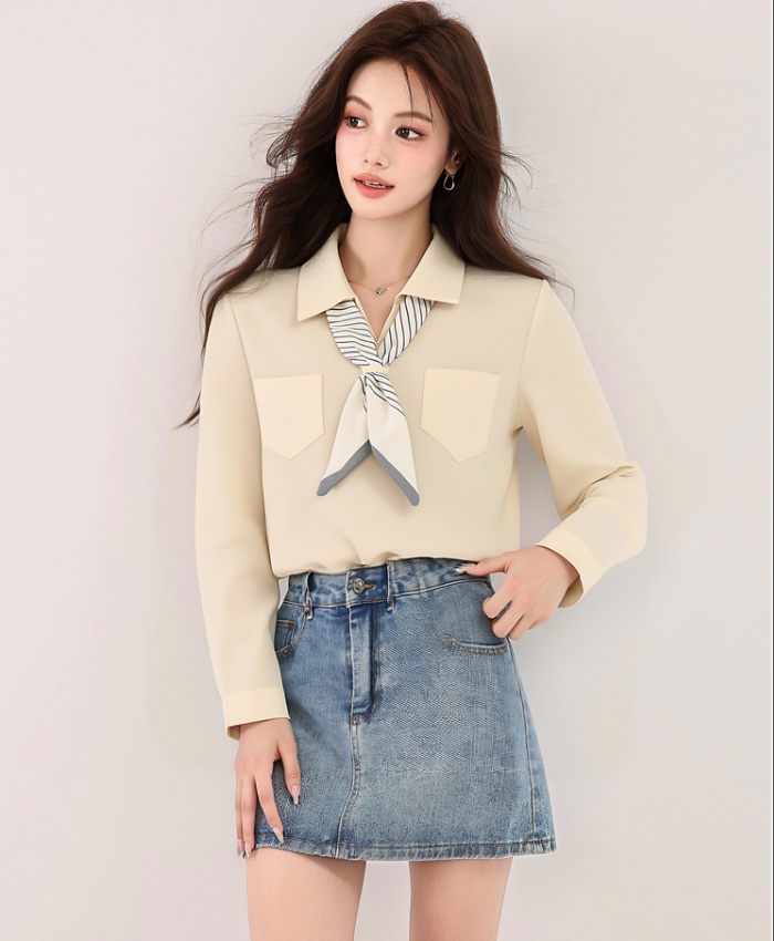 Autumn apricot tops long sleeve V-neck shirt