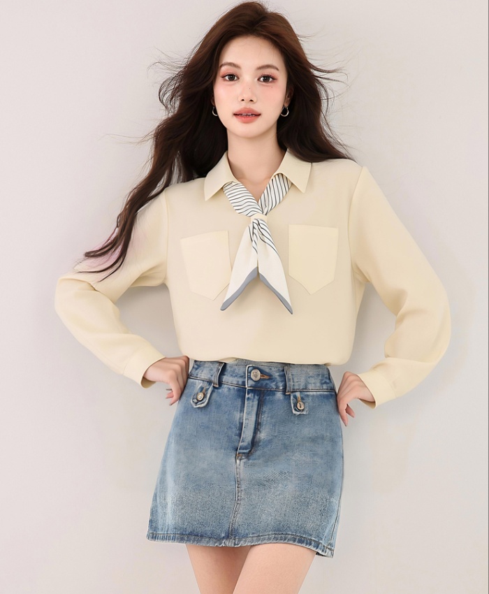 Autumn apricot tops long sleeve V-neck shirt