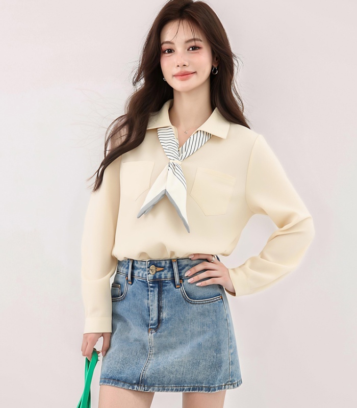 Autumn apricot tops long sleeve V-neck shirt