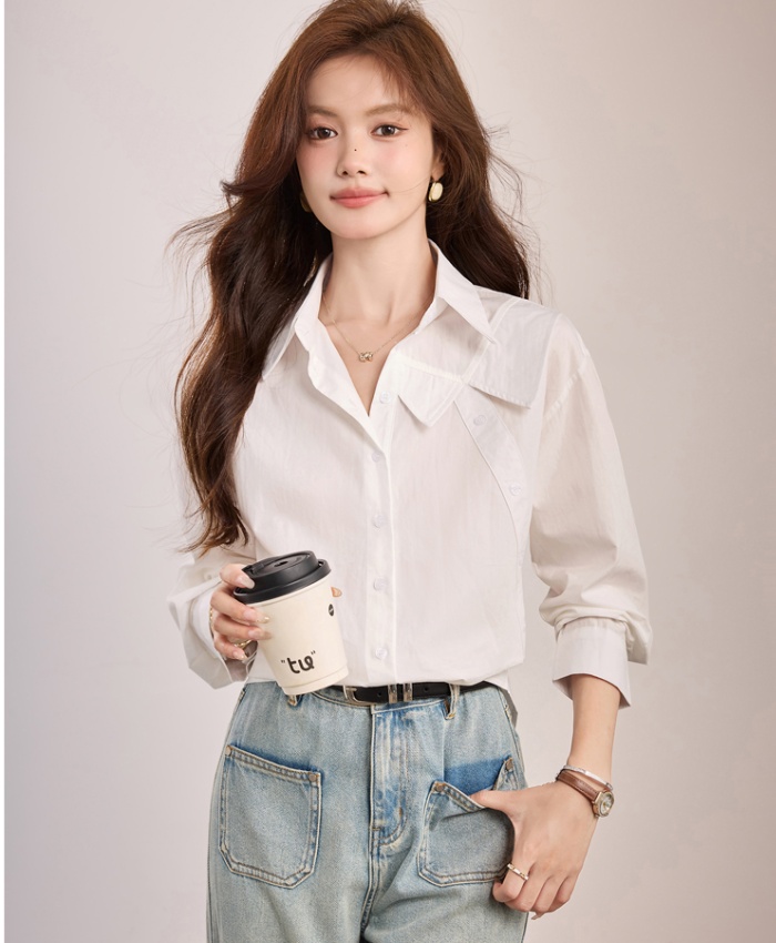 Casual white pure cotton tops lapel France style shirt