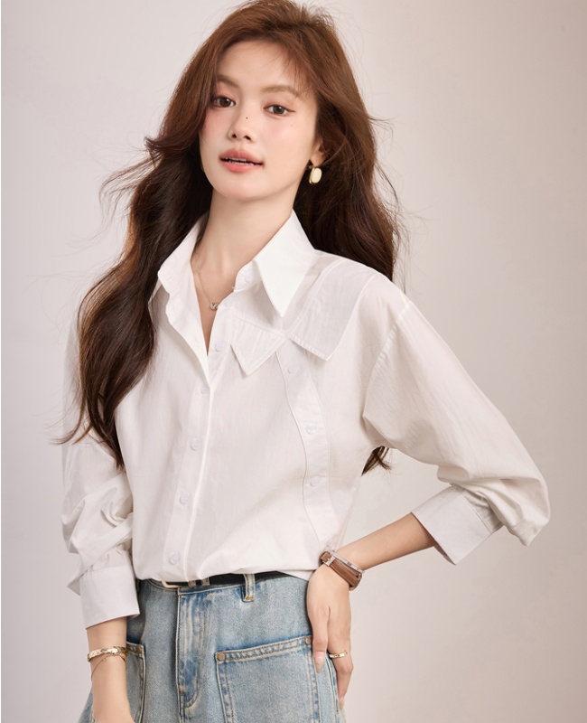 Casual white pure cotton tops lapel France style shirt
