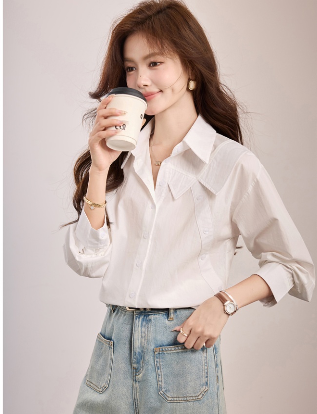 Casual white pure cotton tops lapel France style shirt