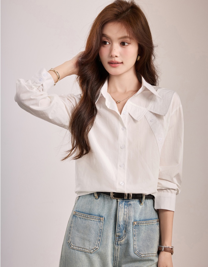 Casual white pure cotton tops lapel France style shirt