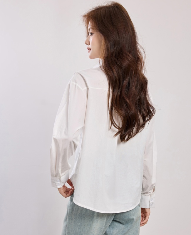 Casual white pure cotton tops lapel France style shirt