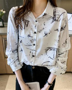 Autumn chiffon graffiti tops satin printing shirt for women